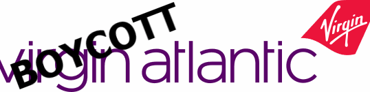 Virgin atlantic logo with the word BOYCOTT on top of it
