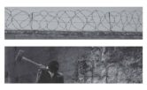 split image. Below is of a person about to hit a wall with a sledge hammer. Above is a wall with razor wire on top.