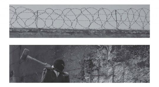 split image. Below is of a person about to hit a wall with a sledge hammer. Above is a wall with razor wire on top.