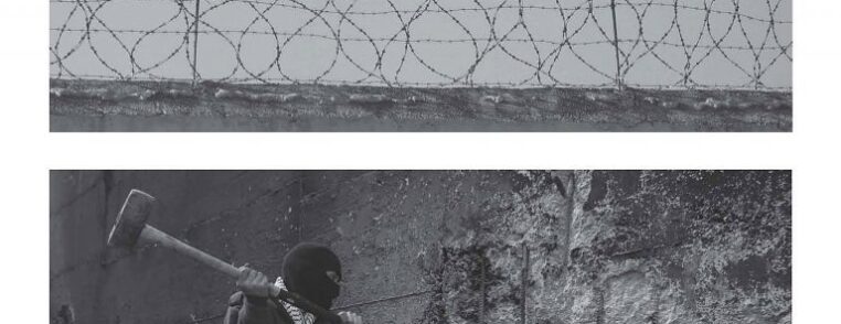 split image. Below is of a person about to hit a wall with a sledge hammer. Above is a wall with razor wire on top.