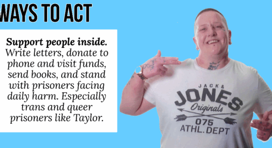 Photo of Taylor in a Jack&Jones original shirt shooting finger guns at the camera in a friendly way, with a smile on his face. The background is pale blue. It says "Ways to act: Support people inside. Write letters, donate to phone and visit funds, send books, and stand with prisoners facing daily harm. Especially trans and queer prisoners like Taylor."