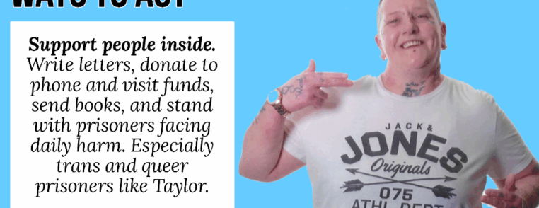 Photo of Taylor in a Jack&Jones original shirt shooting finger guns at the camera in a friendly way, with a smile on his face. The background is pale blue. It says "Ways to act: Support people inside. Write letters, donate to phone and visit funds, send books, and stand with prisoners facing daily harm. Especially trans and queer prisoners like Taylor."
